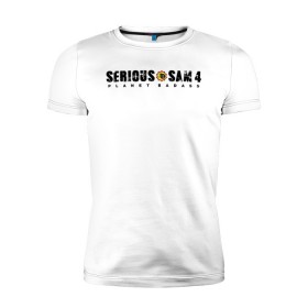 Мужская футболка премиум с принтом Serious Sam 4 в Курске, 92% хлопок, 8% лайкра | приталенный силуэт, круглый вырез ворота, длина до линии бедра, короткий рукав | croteam | devolver | digital | games | planet | sam | serious | игры | крутой | планета | сэм