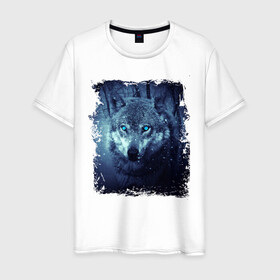 Мужская футболка хлопок с принтом Волк в Курске, 100% хлопок | прямой крой, круглый вырез горловины, длина до линии бедер, слегка спущенное плечо. | Тематика изображения на принте: wolf | волк | волк в лесу | волк с голубыми глазами | лесной волк | ночной волк | синий волк | собака | темный волк