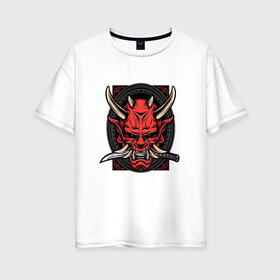 Женская футболка хлопок Oversize с принтом МАСКА РОНИНА в Курске, 100% хлопок | свободный крой, круглый ворот, спущенный рукав, длина до линии бедер
 | all saints day | china | death | devil | guard | halloween | hell | horns | japan | mask | monster | ronin | samurai | warrior | ад | воин | день всех святых | дьявол | китай | маска | монстр | рога | ронин | самурай | страж | хэлло