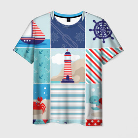 Мужская футболка 3D с принтом Моряк  в Курске, 100% полиэфир | прямой крой, круглый вырез горловины, длина до линии бедер | вода | краб | маяк | море | моряк | океан | парус | полосы | черепаха | штурвал | яхта