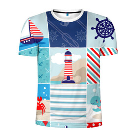 Мужская футболка 3D спортивная с принтом Моряк  в Курске, 100% полиэстер с улучшенными характеристиками | приталенный силуэт, круглая горловина, широкие плечи, сужается к линии бедра | вода | краб | маяк | море | моряк | океан | парус | полосы | черепаха | штурвал | яхта