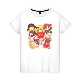 Женская футболка хлопок с принтом BTS CHIBI в Курске, 100% хлопок | прямой крой, круглый вырез горловины, длина до линии бедер, слегка спущенное плечо | bts | chibi bts | k pop | kpop | бтс | кпоп