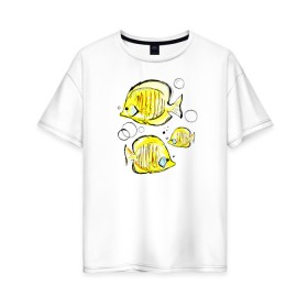 Женская футболка хлопок Oversize с принтом Рыбы-бабочки в Курске, 100% хлопок | свободный крой, круглый ворот, спущенный рукав, длина до линии бедер
 | аквариумные | бабочки | дизайн | желтый | модная | морская | обитатели | оригинальный | подводное | принт | рыба | рыбы | скетч | стильная | яркая