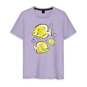 Мужская футболка хлопок с принтом Рыбы-бабочки в Курске, 100% хлопок | прямой крой, круглый вырез горловины, длина до линии бедер, слегка спущенное плечо. | Тематика изображения на принте: аквариумные | бабочки | дизайн | желтый | модная | морская | обитатели | оригинальный | подводное | принт | рыба | рыбы | скетч | стильная | яркая