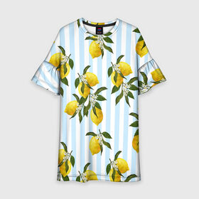 Детское платье 3D с принтом Лимоны в Курске, 100% полиэстер | прямой силуэт, чуть расширенный к низу. Круглая горловина, на рукавах — воланы | texture | абстракт | абстракция | весна | лайм | лимон | лимоны | линии | листья | полосы | стиль | текстура