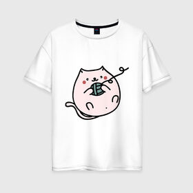 Женская футболка хлопок Oversize с принтом Кошка в Курске, 100% хлопок | свободный крой, круглый ворот, спущенный рукав, длина до линии бедер
 | домашнее | животное | звери | картинки | клубок | котенок | кошка | мило | прикольные | шерсть