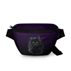 Поясная сумка 3D с принтом черный кот на фиолетовом фоне в Курске, 100% полиэстер | плотная ткань, ремень с регулируемой длиной, внутри несколько карманов для мелочей, основное отделение и карман с обратной стороны сумки застегиваются на молнию | акварель | глаза | клево | котейка | котенок | котик | котэ | кошак | кошка | красиво | любителю кошек | модно | мяу | подарок | пушистый | рисунок | стильно | темный | черный кот | шерсть