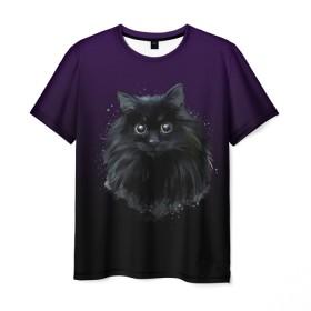 Мужская футболка 3D с принтом черный кот на фиолетовом фоне в Курске, 100% полиэфир | прямой крой, круглый вырез горловины, длина до линии бедер | акварель | глаза | клево | котейка | котенок | котик | котэ | кошак | кошка | красиво | любителю кошек | модно | мяу | подарок | пушистый | рисунок | стильно | темный | черный кот | шерсть