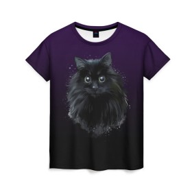 Женская футболка 3D с принтом черный кот на фиолетовом фоне в Курске, 100% полиэфир ( синтетическое хлопкоподобное полотно) | прямой крой, круглый вырез горловины, длина до линии бедер | Тематика изображения на принте: акварель | глаза | клево | котейка | котенок | котик | котэ | кошак | кошка | красиво | любителю кошек | модно | мяу | подарок | пушистый | рисунок | стильно | темный | черный кот | шерсть