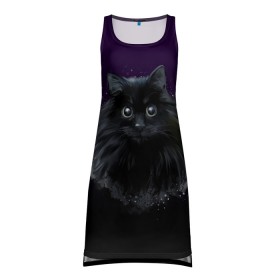 Платье-майка 3D с принтом черный кот на фиолетовом фоне в Курске, 100% полиэстер | полуприлегающий силуэт, широкие бретели, круглый вырез горловины, удлиненный подол сзади. | акварель | глаза | клево | котейка | котенок | котик | котэ | кошак | кошка | красиво | любителю кошек | модно | мяу | подарок | пушистый | рисунок | стильно | темный | черный кот | шерсть