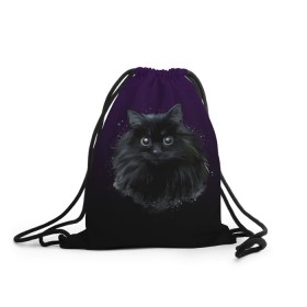 Рюкзак-мешок 3D с принтом черный кот на фиолетовом фоне в Курске, 100% полиэстер | плотность ткани — 200 г/м2, размер — 35 х 45 см; лямки — толстые шнурки, застежка на шнуровке, без карманов и подкладки | акварель | глаза | клево | котейка | котенок | котик | котэ | кошак | кошка | красиво | любителю кошек | модно | мяу | подарок | пушистый | рисунок | стильно | темный | черный кот | шерсть
