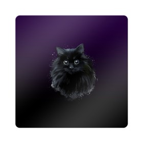 Магнит виниловый Квадрат с принтом черный кот на фиолетовом фоне в Курске, полимерный материал с магнитным слоем | размер 9*9 см, закругленные углы | Тематика изображения на принте: акварель | глаза | клево | котейка | котенок | котик | котэ | кошак | кошка | красиво | любителю кошек | модно | мяу | подарок | пушистый | рисунок | стильно | темный | черный кот | шерсть