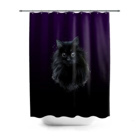 Штора 3D для ванной с принтом черный кот на фиолетовом фоне в Курске, 100% полиэстер | плотность материала — 100 г/м2. Стандартный размер — 146 см х 180 см. По верхнему краю — пластиковые люверсы для креплений. В комплекте 10 пластиковых колец | акварель | глаза | клево | котейка | котенок | котик | котэ | кошак | кошка | красиво | любителю кошек | модно | мяу | подарок | пушистый | рисунок | стильно | темный | черный кот | шерсть