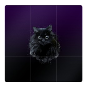 Магнитный плакат 3Х3 с принтом черный кот на фиолетовом фоне в Курске, Полимерный материал с магнитным слоем | 9 деталей размером 9*9 см | Тематика изображения на принте: акварель | глаза | клево | котейка | котенок | котик | котэ | кошак | кошка | красиво | любителю кошек | модно | мяу | подарок | пушистый | рисунок | стильно | темный | черный кот | шерсть