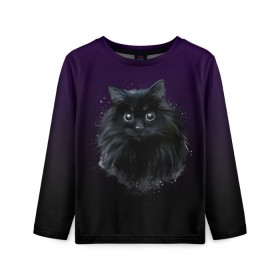 Детский лонгслив 3D с принтом черный кот на фиолетовом фоне в Курске, 100% полиэстер | длинные рукава, круглый вырез горловины, полуприлегающий силуэт
 | Тематика изображения на принте: акварель | глаза | клево | котейка | котенок | котик | котэ | кошак | кошка | красиво | любителю кошек | модно | мяу | подарок | пушистый | рисунок | стильно | темный | черный кот | шерсть