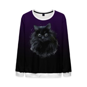 Мужской свитшот 3D с принтом черный кот на фиолетовом фоне в Курске, 100% полиэстер с мягким внутренним слоем | круглый вырез горловины, мягкая резинка на манжетах и поясе, свободная посадка по фигуре | Тематика изображения на принте: акварель | глаза | клево | котейка | котенок | котик | котэ | кошак | кошка | красиво | любителю кошек | модно | мяу | подарок | пушистый | рисунок | стильно | темный | черный кот | шерсть