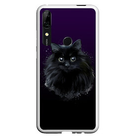 Чехол для Honor P Smart Z с принтом черный кот на фиолетовом фоне в Курске, Силикон | Область печати: задняя сторона чехла, без боковых панелей | Тематика изображения на принте: акварель | глаза | клево | котейка | котенок | котик | котэ | кошак | кошка | красиво | любителю кошек | модно | мяу | подарок | пушистый | рисунок | стильно | темный | черный кот | шерсть