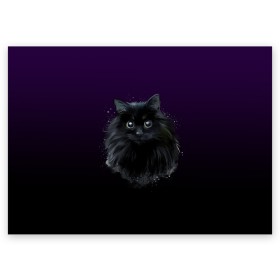Поздравительная открытка с принтом черный кот на фиолетовом фоне в Курске, 100% бумага | плотность бумаги 280 г/м2, матовая, на обратной стороне линовка и место для марки
 | Тематика изображения на принте: акварель | глаза | клево | котейка | котенок | котик | котэ | кошак | кошка | красиво | любителю кошек | модно | мяу | подарок | пушистый | рисунок | стильно | темный | черный кот | шерсть