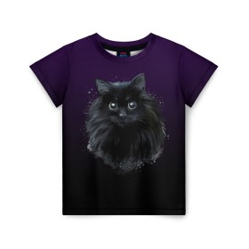 Детская футболка 3D с принтом черный кот на фиолетовом фоне в Курске, 100% гипоаллергенный полиэфир | прямой крой, круглый вырез горловины, длина до линии бедер, чуть спущенное плечо, ткань немного тянется | акварель | глаза | клево | котейка | котенок | котик | котэ | кошак | кошка | красиво | любителю кошек | модно | мяу | подарок | пушистый | рисунок | стильно | темный | черный кот | шерсть