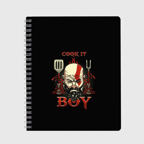 Тетрадь с принтом God of War Cook it Boy в Курске, 100% бумага | 48 листов, плотность листов — 60 г/м2, плотность картонной обложки — 250 г/м2. Листы скреплены сбоку удобной пружинной спиралью. Уголки страниц и обложки скругленные. Цвет линий — светло-серый
 | Тематика изображения на принте: atreus | god of war | god of war 4 | gow | kratos | ps4 | атрей | бог войны | гов | зы4 | кратос | левиафан | мальчик | мимир | мировой змей | пиратs | руны | эксклюзив