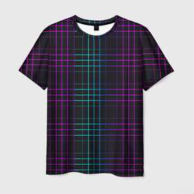 Мужская футболка 3D с принтом Neon cell в Курске, 100% полиэфир | прямой крой, круглый вырез горловины, длина до линии бедер | Тематика изображения на принте: геометрия | градиент | квадраты | клетка | клетчатый | линии | неоновый | полосы | популярный | разноцветный | решетка | сетка | текстура | фиолетовый | шотландка | яркий