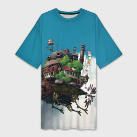 Платье-футболка 3D с принтом Ходячий замок в облаках в Курске,  |  | ведьма пустоши | кальцифер | маркл | пугало | пугало репка | софи | софи хаттер | хаул | хаул пендрагон | ходячий замок | ходячий замок хаула