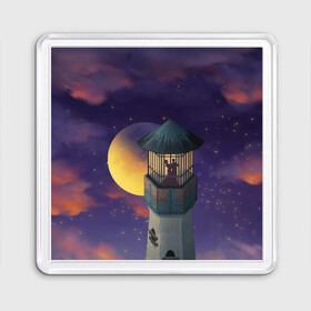 Магнит 55*55 с принтом To the Moon 3D в Курске, Пластик | Размер: 65*65 мм; Размер печати: 55*55 мм | lighthouse | moon | night | pair | silhouettes | stars | to the moon | звёзды | луна | маяк | ночь | пара | силуэты