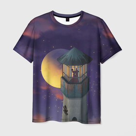 Мужская футболка 3D с принтом To the Moon 3D в Курске, 100% полиэфир | прямой крой, круглый вырез горловины, длина до линии бедер | lighthouse | moon | night | pair | silhouettes | stars | to the moon | звёзды | луна | маяк | ночь | пара | силуэты