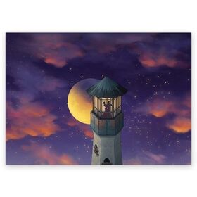 Поздравительная открытка с принтом To the Moon 3D в Курске, 100% бумага | плотность бумаги 280 г/м2, матовая, на обратной стороне линовка и место для марки
 | lighthouse | moon | night | pair | silhouettes | stars | to the moon | звёзды | луна | маяк | ночь | пара | силуэты