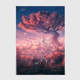 Постер с принтом Anime art в Курске, 100% бумага
 | бумага, плотность 150 мг. Матовая, но за счет высокого коэффициента гладкости имеет небольшой блеск и дает на свету блики, но в отличии от глянцевой бумаги не покрыта лаком | anime | art | fantasy | sky | sunset | дерево | закат | небо | фантазия