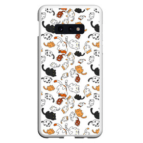 Чехол для Samsung S10E с принтом кошачьи валяния в Курске, Силикон | Область печати: задняя сторона чехла, без боковых панелей | белая кошка | белый | кот | кошачьи потягушки | кошка | милая мордочка | милота | рыжая кошка | рыжий | чёрная кошка | чёрный