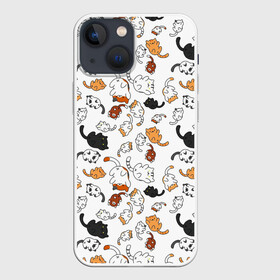 Чехол для iPhone 13 mini с принтом кошачьи валяния в Курске,  |  | белая кошка | белый | кот | кошачьи потягушки | кошка | милая мордочка | милота | рыжая кошка | рыжий | чёрная кошка | чёрный