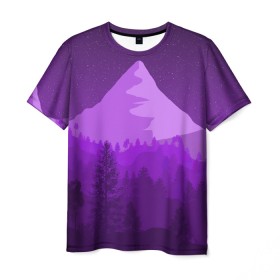 Мужская футболка 3D с принтом Ночные горы в Курске, 100% полиэфир | прямой крой, круглый вырез горловины, длина до линии бедер | горы | звёздное небо | звёзды | лес | небо | ночь | фиолетовый