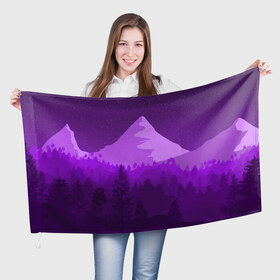 Флаг 3D с принтом Ночные горы в Курске, 100% полиэстер | плотность ткани — 95 г/м2, размер — 67 х 109 см. Принт наносится с одной стороны | горы | звёздное небо | звёзды | лес | небо | ночь | фиолетовый