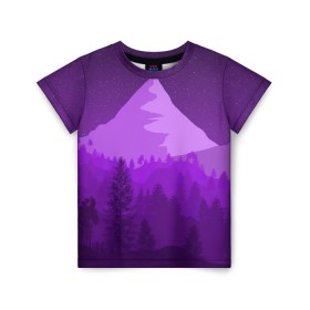 Детская футболка 3D с принтом Ночные горы в Курске, 100% гипоаллергенный полиэфир | прямой крой, круглый вырез горловины, длина до линии бедер, чуть спущенное плечо, ткань немного тянется | Тематика изображения на принте: горы | звёздное небо | звёзды | лес | небо | ночь | фиолетовый