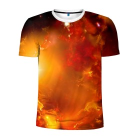 Мужская футболка 3D спортивная с принтом Солнечное облако в Курске, 100% полиэстер с улучшенными характеристиками | приталенный силуэт, круглая горловина, широкие плечи, сужается к линии бедра | Тематика изображения на принте: звёзды | космос | огонь | оранжевый | супер новая | туманность