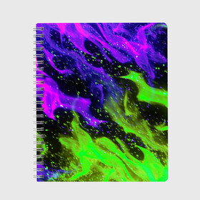 Тетрадь с принтом PURPLE GREEN FLAME в Курске, 100% бумага | 48 листов, плотность листов — 60 г/м2, плотность картонной обложки — 250 г/м2. Листы скреплены сбоку удобной пружинной спиралью. Уголки страниц и обложки скругленные. Цвет линий — светло-серый
 | abstraction | bright | fire | flame | geometry | heat | hexagon | light | neon | texture | triangle | wildfire | абстракция | геометрия | искры | неон | неоновый | огненный | огонь | пламя | пожар | соты | текстура