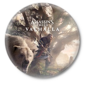 Значок с принтом Assassin’s Creed Valhalla в Курске,  металл | круглая форма, металлическая застежка в виде булавки | action | creed | eivor | rpg | ubisoft | valhalla | viking | vikings | англия | ассасин | ассасина | вальгалла | викинг | викинги | кредо | эйвор