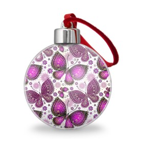 Ёлочный шар с принтом Фиолетовые бабочки в Курске, Пластик | Диаметр: 77 мм | бабочка | фиолетовый | цветы