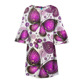 Детское платье 3D с принтом Фиолетовые бабочки в Курске, 100% полиэстер | прямой силуэт, чуть расширенный к низу. Круглая горловина, на рукавах — воланы | бабочка | фиолетовый | цветы