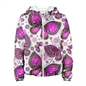 Женская куртка 3D с принтом Фиолетовые бабочки в Курске, ткань верха — 100% полиэстер, подклад — флис | прямой крой, подол и капюшон оформлены резинкой с фиксаторами, два кармана без застежек по бокам, один большой потайной карман на груди. Карман на груди застегивается на липучку | бабочка | фиолетовый | цветы
