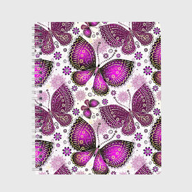 Тетрадь с принтом Фиолетовые бабочки в Курске, 100% бумага | 48 листов, плотность листов — 60 г/м2, плотность картонной обложки — 250 г/м2. Листы скреплены сбоку удобной пружинной спиралью. Уголки страниц и обложки скругленные. Цвет линий — светло-серый
 | бабочка | фиолетовый | цветы