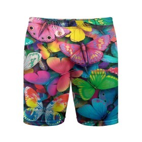 Мужские шорты спортивные с принтом Радужный рой в Курске,  |  | бабочка | бабочки | белый | бирюзовый | зеленый | красный | розовый | серый | синий | фиолетовый | яркий цвет