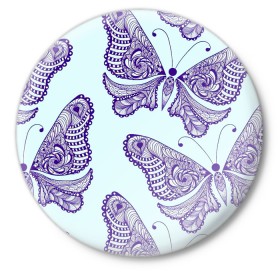 Значок с принтом Гжелевые бабочки в Курске,  металл | круглая форма, металлическая застежка в виде булавки | бабочки | бирюзовый | гжель | синий