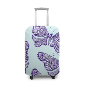 Чехол для чемодана 3D с принтом Гжелевые бабочки в Курске, 86% полиэфир, 14% спандекс | двустороннее нанесение принта, прорези для ручек и колес | бабочки | бирюзовый | гжель | синий