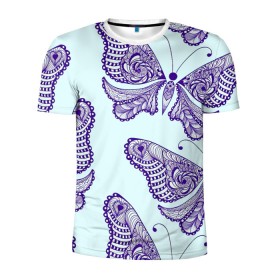 Мужская футболка 3D спортивная с принтом Гжелевые бабочки в Курске, 100% полиэстер с улучшенными характеристиками | приталенный силуэт, круглая горловина, широкие плечи, сужается к линии бедра | бабочки | бирюзовый | гжель | синий