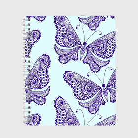 Тетрадь с принтом Гжелевые бабочки в Курске, 100% бумага | 48 листов, плотность листов — 60 г/м2, плотность картонной обложки — 250 г/м2. Листы скреплены сбоку удобной пружинной спиралью. Уголки страниц и обложки скругленные. Цвет линий — светло-серый
 | бабочки | бирюзовый | гжель | синий