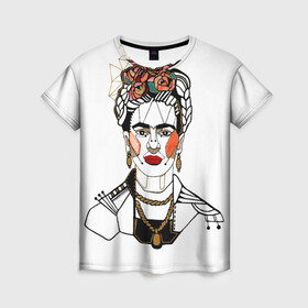 Женская футболка 3D с принтом Фрида Кало  в Курске, 100% полиэфир ( синтетическое хлопкоподобное полотно) | прямой крой, круглый вырез горловины, длина до линии бедер | Тематика изображения на принте: кало | картинки | популярные | прикольные | фрида | цветы | человек