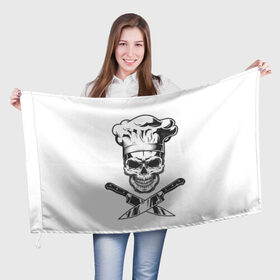 Флаг 3D с принтом Череп повар  в Курске, 100% полиэстер | плотность ткани — 95 г/м2, размер — 67 х 109 см. Принт наносится с одной стороны | глаза | кухня | ножи | повар | ресторан | череп | черный | шеф