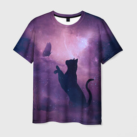Мужская футболка 3D с принтом Бабочка кот силуэт фиолетовый в Курске, 100% полиэфир | прямой крой, круглый вырез горловины, длина до линии бедер | арт | бабочка | графика | дым | звезды | космос | кот | молния | образ | персонаж | рисунок | силуэт | сиреневый | туман | фантастика | фиолетовый | фэнтези | черная кошка | чернильный